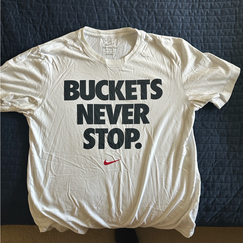 Nike White Tee with Black Text and Red Logo